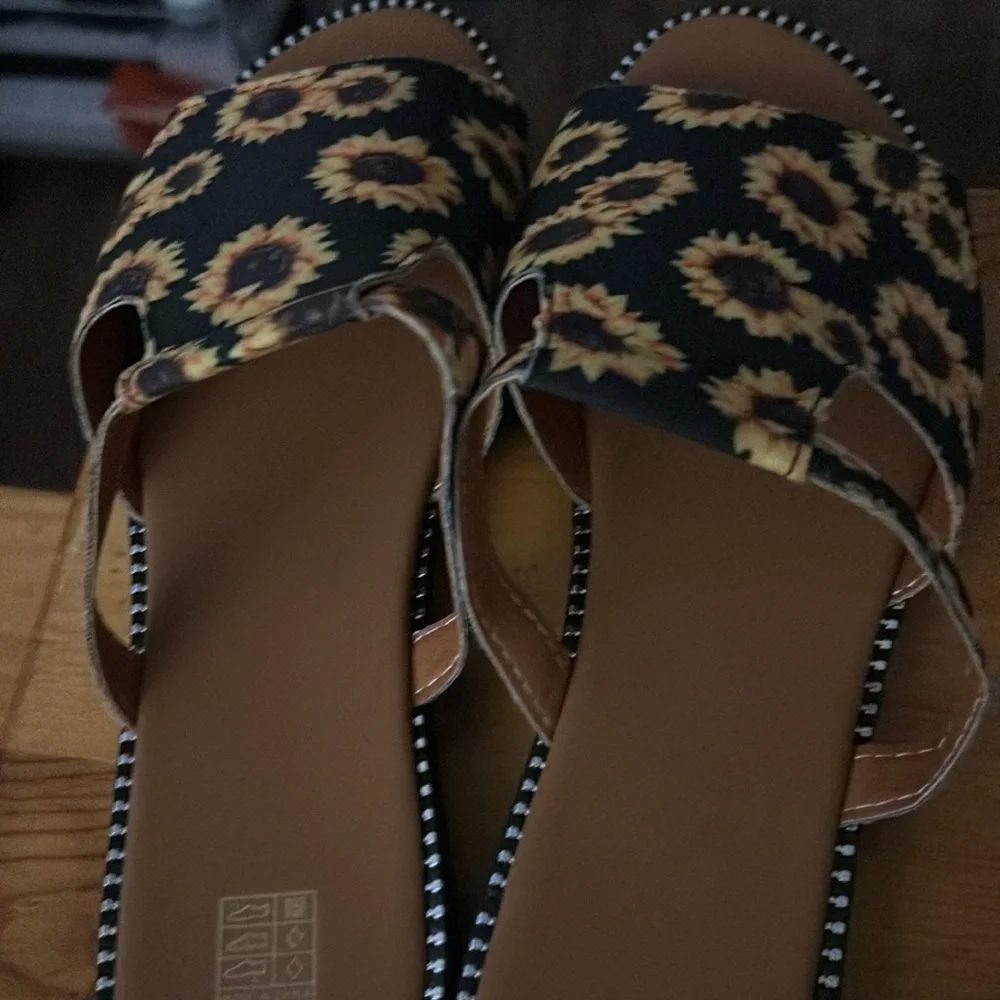 Women's Sunflower Print Slide Sandals, Casual Open Toe Flat Summer Shoes - Picture 5 of 7